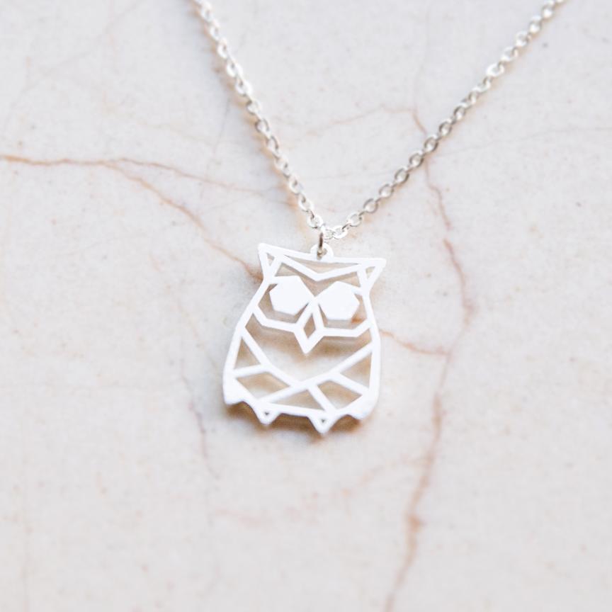 Owl Silver Origami Geometric Necklace