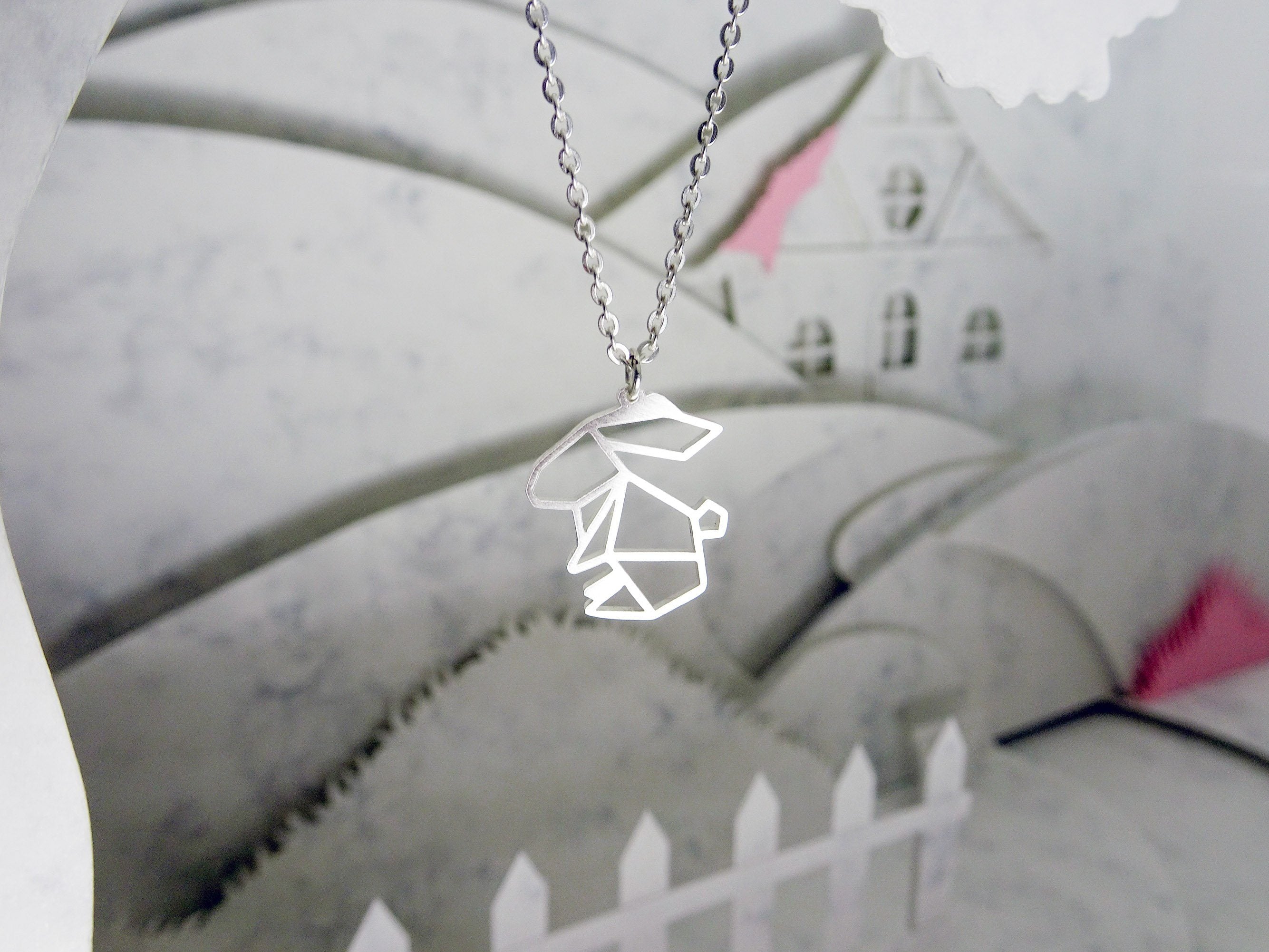 Rabbit Silver Origami Geometric Necklace